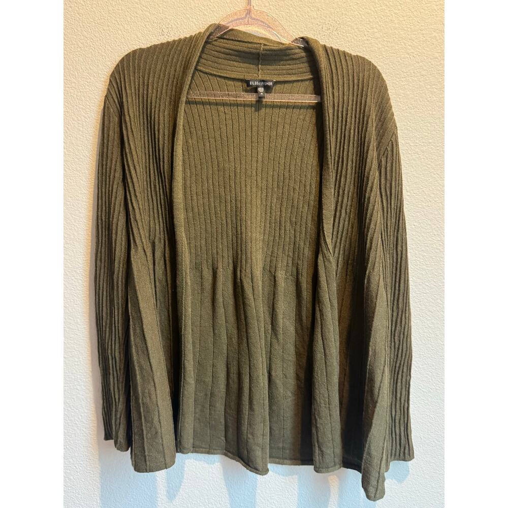 Eileen Fisher 100% Wool Knit Open-Front Ribbed Cardigan Chocolate Brown Size M